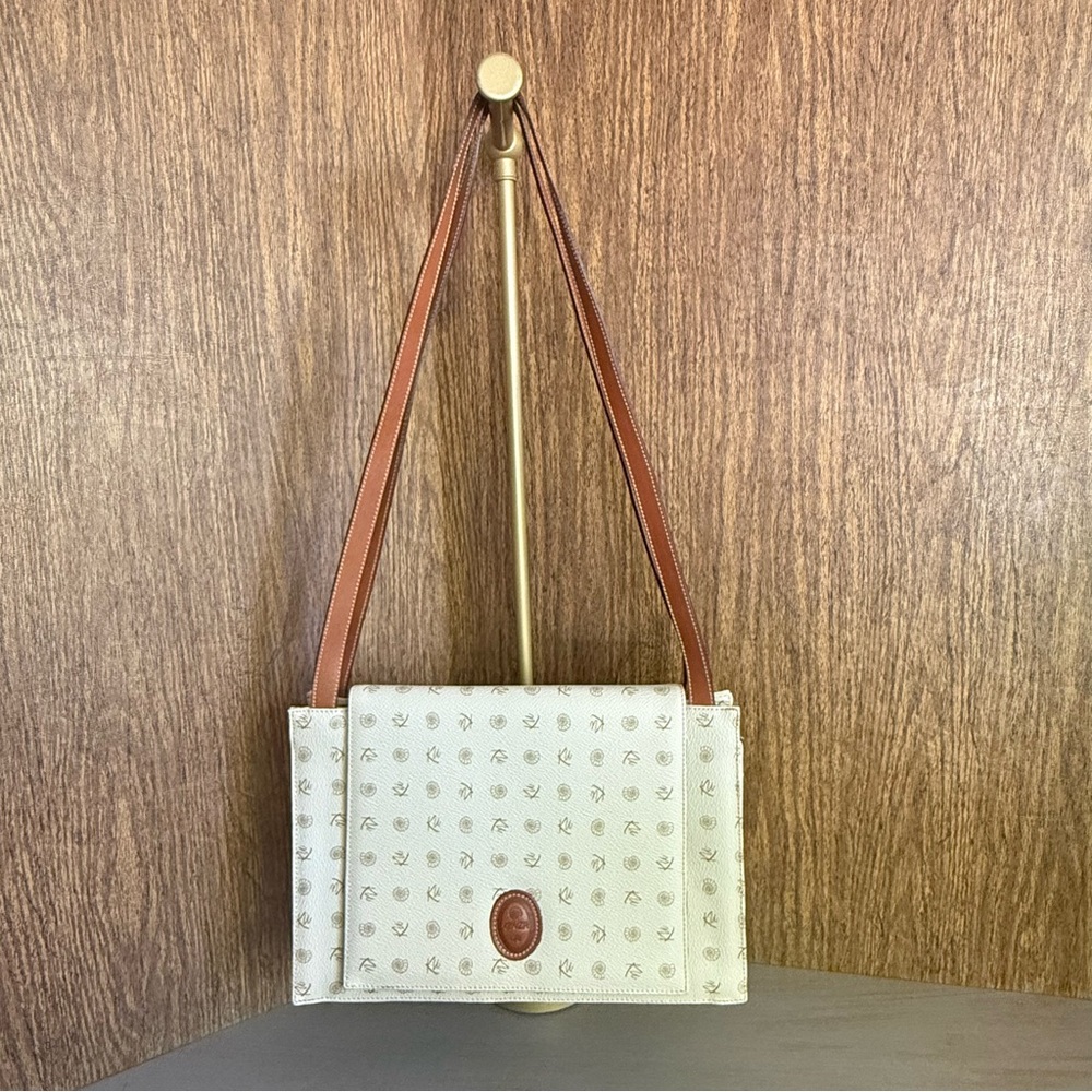 Vintage 2000s Kenzia By KU Italian Ivory Coated Canvas Leather Shoulder Bag Y2K